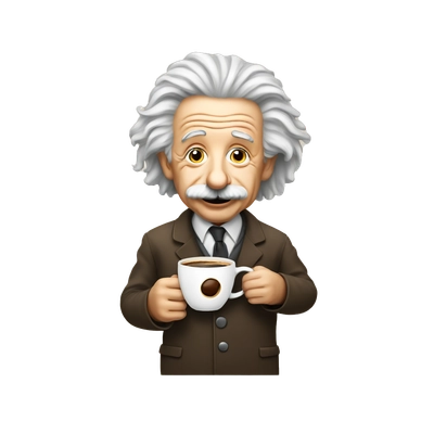Albert Einstein with a mug of coffee
