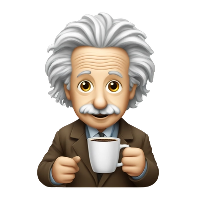 Albert Einstein with a plastick glass of coffee