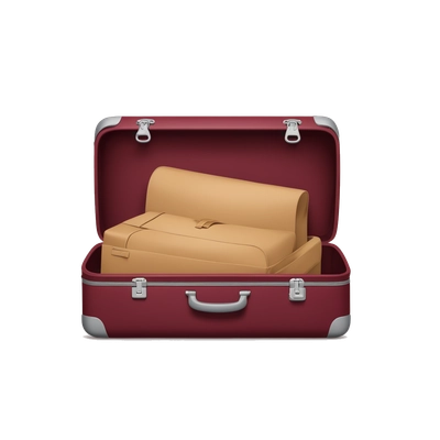 An open travel suitcase in burgundy color