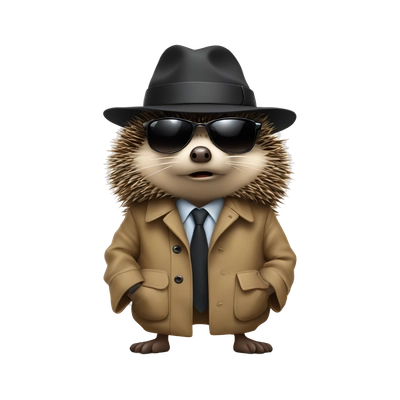 Angry hedgehog in a coat . In a hat , in sunglasses and in black  shoes 