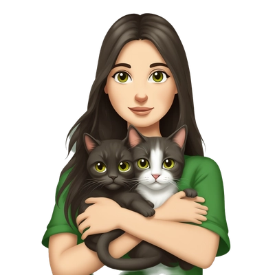 beautiful woman eyes green long dark brown hair in dark T-shirt  hug  British cat