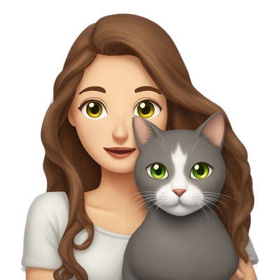 beautiful woman with green eyes and long brown hair hug gray cat with orange eyes