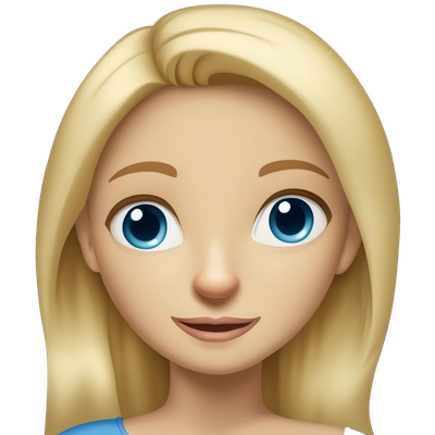 Blonde girl with blue eyes wearing a blue top. 