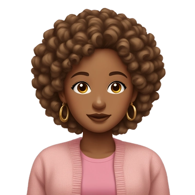 Brown girl with curly hair, a cardigan and a pink t-shirt, small gold earrings, dark brown eyes