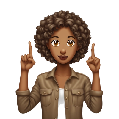 Brown skin girl with curly hair pointing her fingers towards each side of her head like a gun
