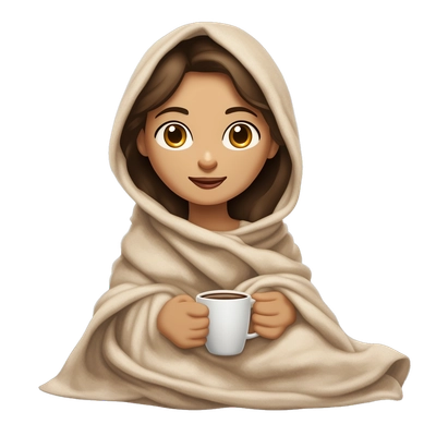 brunette girl,sitting wrapped in a blanket with coffee,brown eyes,light skin color