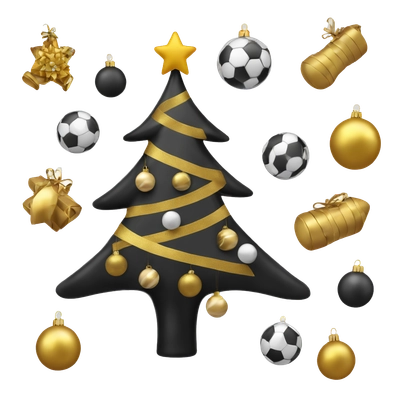 Christmas tree decorated with New Year's toys in the form of sports equipment in black, white and gold
