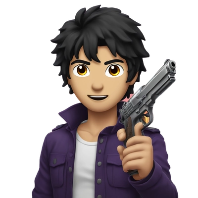 crazy anime guy with black hair, purple fire at the background and with the pistol