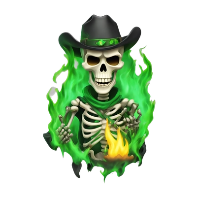 Crazy skeleton cowboy with green flame 