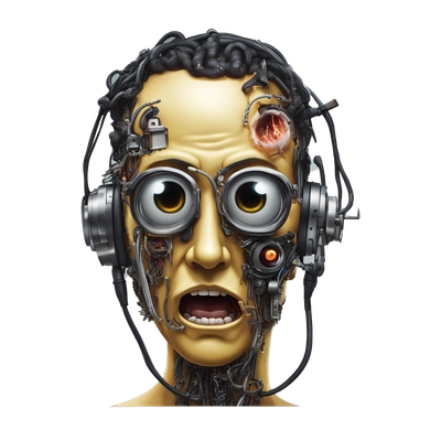 "Create a digital artwork merging a retro-tech aesthetic with body horror. Imagine the demonic visage and bold typography from the "3D Prophet 9700 Pro" graphics card box