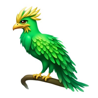 "Create a Firebird emoji: vibrant green, emerald-lime gradient, glowing feathers with gold accents. Lush, fan-shaped tail, glowing eyes. Flat, minimalist style, emoji-friendly."