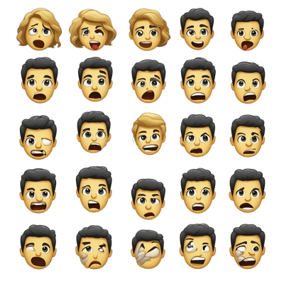 Create a set of 12 stickers based on the provided face. Each sticker displaying a different emotion: surprise; disappointment; joy; anger; sadness; kiss; wink; admiration; disgust; boredom; horror; fun.