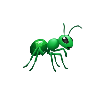 Create a simple emoji style icon depicting a green ant holding a diamond. ANTHILL caption. Use a flat design and corporate colors. Optimize the size to 100x100 pixels. Make the ant look friendly and dynamic, symbolizing value creation and teamwork.