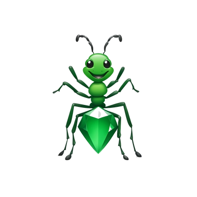 Create a simple emoji style icon depicting a green ant holding a diamond. ANTHILL caption. Use a flat design and corporate colors. Optimize the size to 100x100 pixels. Make the ant look friendly and dynamic, symbolizing value creation and teamwork.