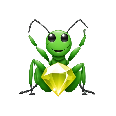 Create a simple emoji style icon depicting a green ant holding a diamond. ANTHILL caption. Use a flat design and corporate colors. Optimize the size to 100x100 pixels. Make the ant look friendly and dynamic, symbolizing value creation and teamwork.