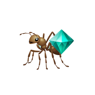 Create a simple emoji style icon depicting an ant holding a diamond. Use a flat design and corporate colors such as blue and green. Optimize the size to 100x100 pixels. Make the ant look friendly and dynamic, symbolizing value creation and teamwork.