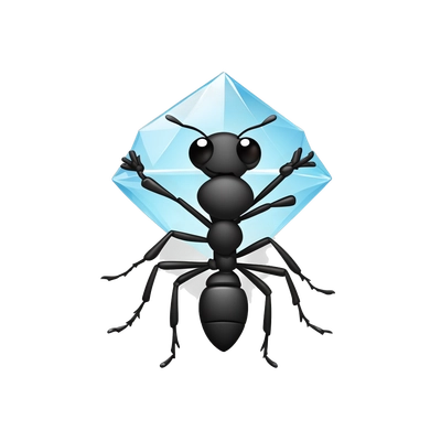 Create a simple emoji-style icon of an ant holding a diamond. The design should be minimalistic with clean lines and bold outlines.