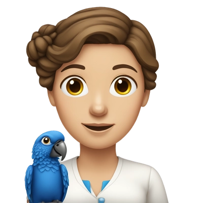 european brown hair woman with a bundgie blue parrot 