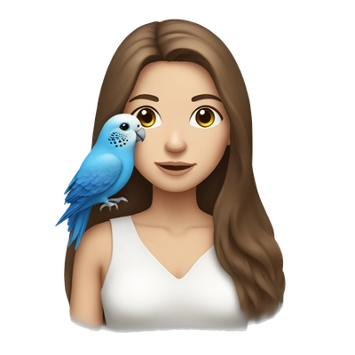 european woman with long brown hair and her little blue-white budgie