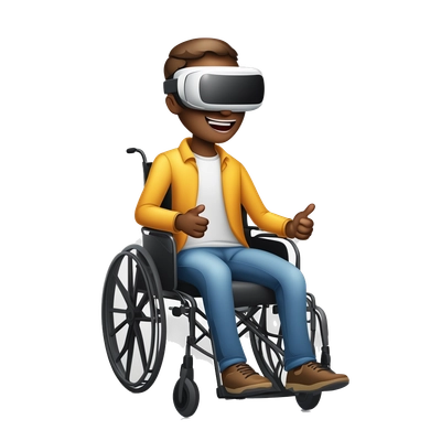Excited cartoon man wearing a virtual reality headset, sitting in a wheelchair, simple and clean design, Apple emoji style, white background”
