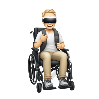 Excited white-skinned man wearing a virtual reality headset, sitting in a wheelchair, iPhone emoji style, simple cartoon look, white background”
