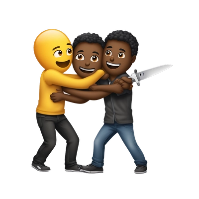 Friends hug each other, one of them has a knife 