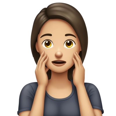 Generate a emoji where a brunette girl is choking herself, has her hands around her neck and seems miserable