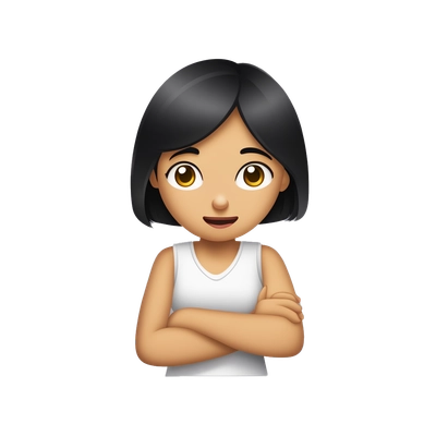 Girl emoji with black hair crossing her arms and placing her hands on her shoulder the face should have cross eyes and a frown 