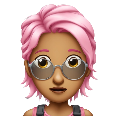 girl in sunglasses and pink hair, embarrassed emotion, looking away
