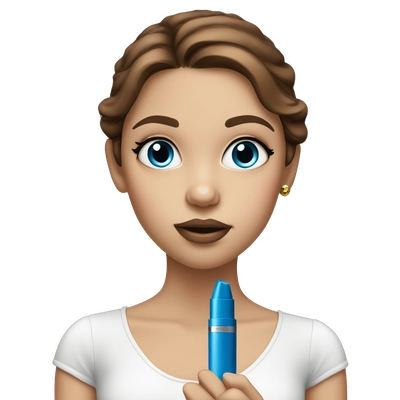 Girl model with blue eyes and brown hair, holding lipstick 