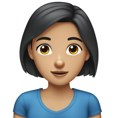 Girl with black-brown hair , black eyes , blue t-shirt