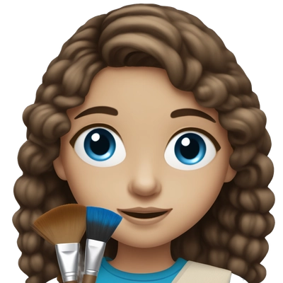 Girl with blue eyes and brown hair, beautiful, holding a brush and palette 