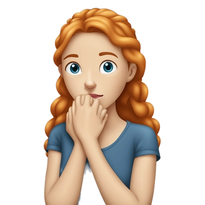 girl with ginger her and blue eyes choking herself (hands wrapped around her neck)