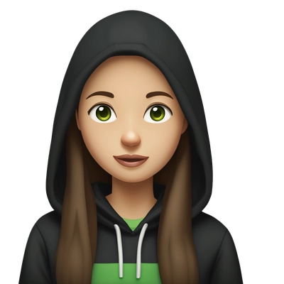 Girl with long straight brown hair and green eyes in black hoodie, light skin 