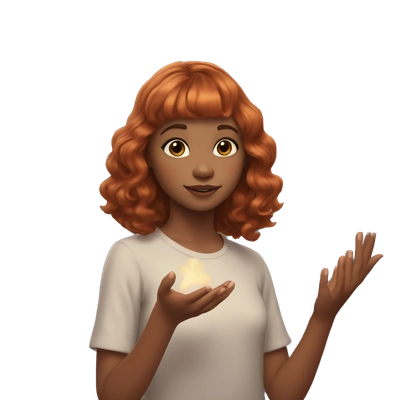 Girl with medium length auburn wavy hair with short bangs looking at fairy in her palms