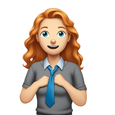 girl with mid length ginger hair wearing a purple tie and a grey V neck jumper with her mouth wide open and her blue eyes wide with her hands wrapped around her neck strangling herself 