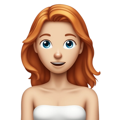 girl with mid length ginger hair with red highlights wearing a white strapless top with her arms up towards her neck and her hands wrapped around her neck with her mouth open as if she’s screaming and her blue eyes open