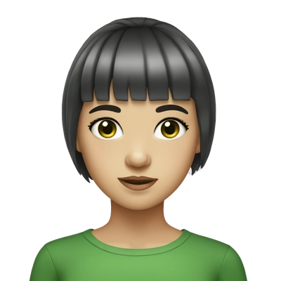 girl with short dark hair, white bangs, green eyes