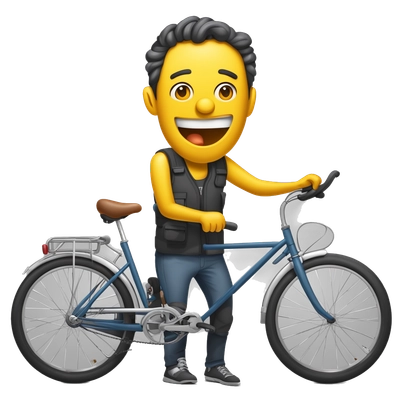 Hazme una persona montada en bicicleta pero que tenga cuerpo de máquina de chicles pero que tenga brazos piernas ojos apagados, sonrisa pícara  y mirando para un lado y 