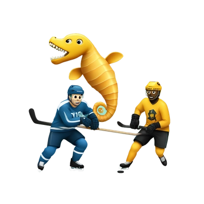 hockey player holding a seahorse while a robber runs behind
