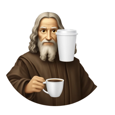 Leonardo da Vinci with plastic cup of coffee