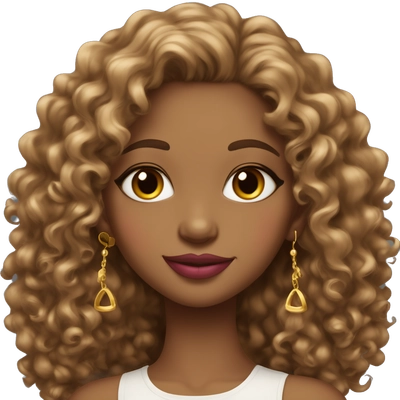 Light brown girl, curly medium hair, reddish pink lips, gold earrings