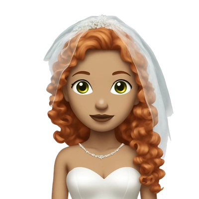 Light skin bride, wearing a white dress and a veil, she has curly red hair and green eyes