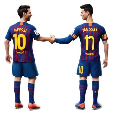 Lionel Messi wearing a Barcelona football team shirt  and Cristiano Ronaldo wearing a Real Madrid Football team shirt shaking hands on a football pitch