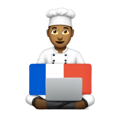 man sitting sideways with laptop, chefs outfit and a russian flag behind him