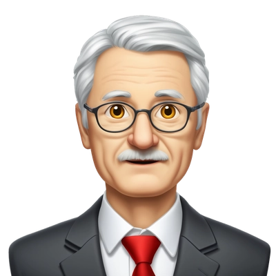Mikhail Eskindarov (70) - FinUni rector since 2006. Oval face, wrinkles, gray hair. Wears red ties (no glasses), formal suits. Often at podiums with documents. Upright posture, hands folded.