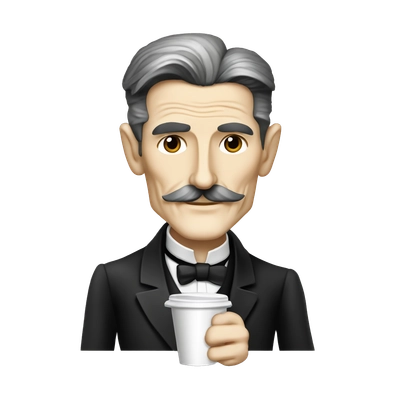 Nikola Tesla with plastic cup of coffee