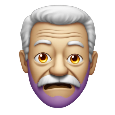 Old man with moustache very angry with crazy smile and purple flame in eyes