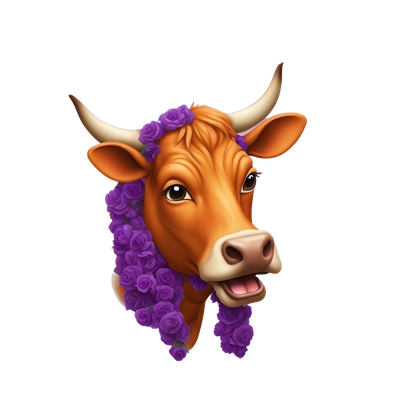 Orange and purple cow eats roses