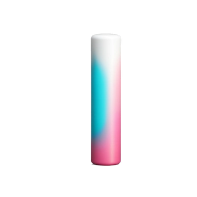 Petit stick cylindrique lisse, bleu cyan et rose, avec un dégradé au centre mélangeant les deux couleurs. Embout blanc, design lumineux et coloré